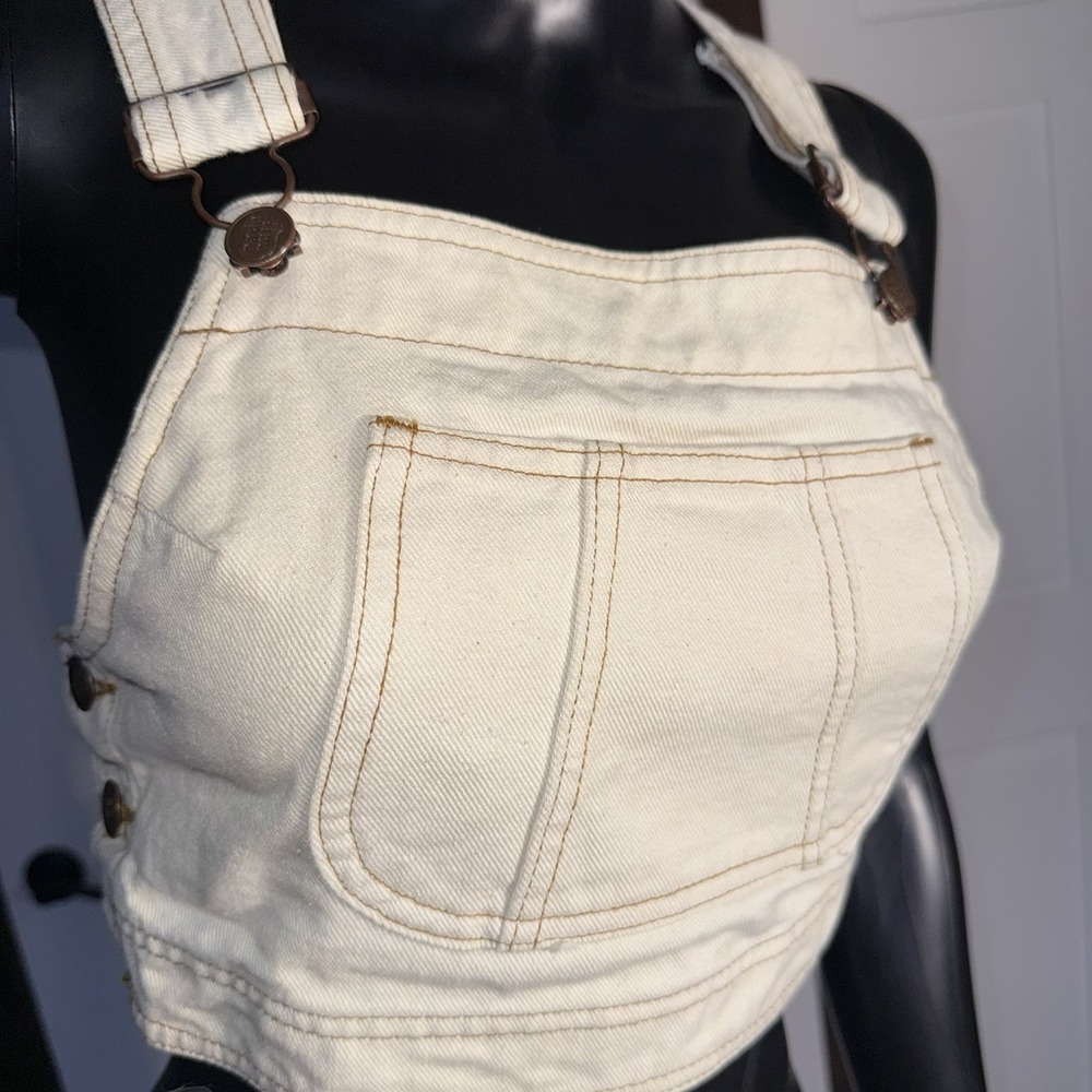 VINTAGE 90s NADA NUFF Cream Denim Overall Bib Crop Top Vest Small Festival✅ Des - Picture 1 of 9